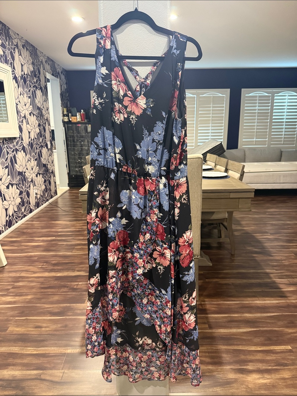 Nicole Miller Black High-Low Floral Maxi Dress with Pink & Blue Flowers
